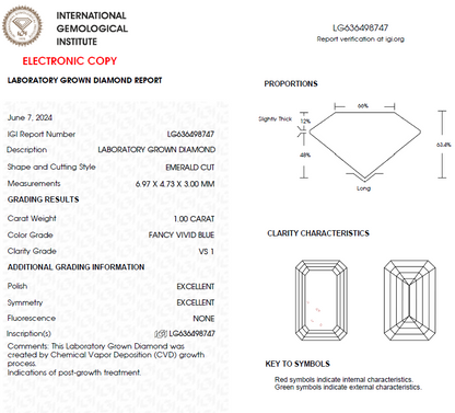 1 CT Emerald Cut Blue Lab Grown Diamond For Engagement Ring