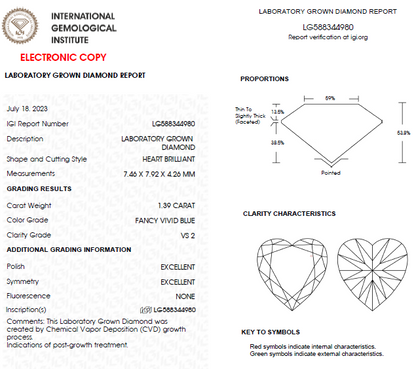 1 CT Heart Cut Blue lab Grown Diamond For Engagement Ring