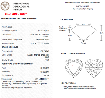 1 CT Heart Cut Greenish Blue lab Grown Diamond For Engagement Ring