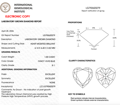 1 CT Blue Heart Cut Lab Grown Diamond For Engagement Ring