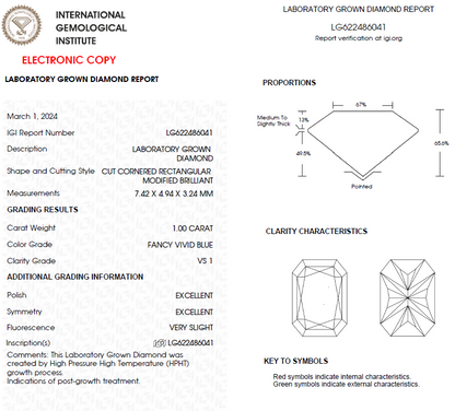 1 CT Radiant Blue Lab Grown Diamond For Engagement Ring