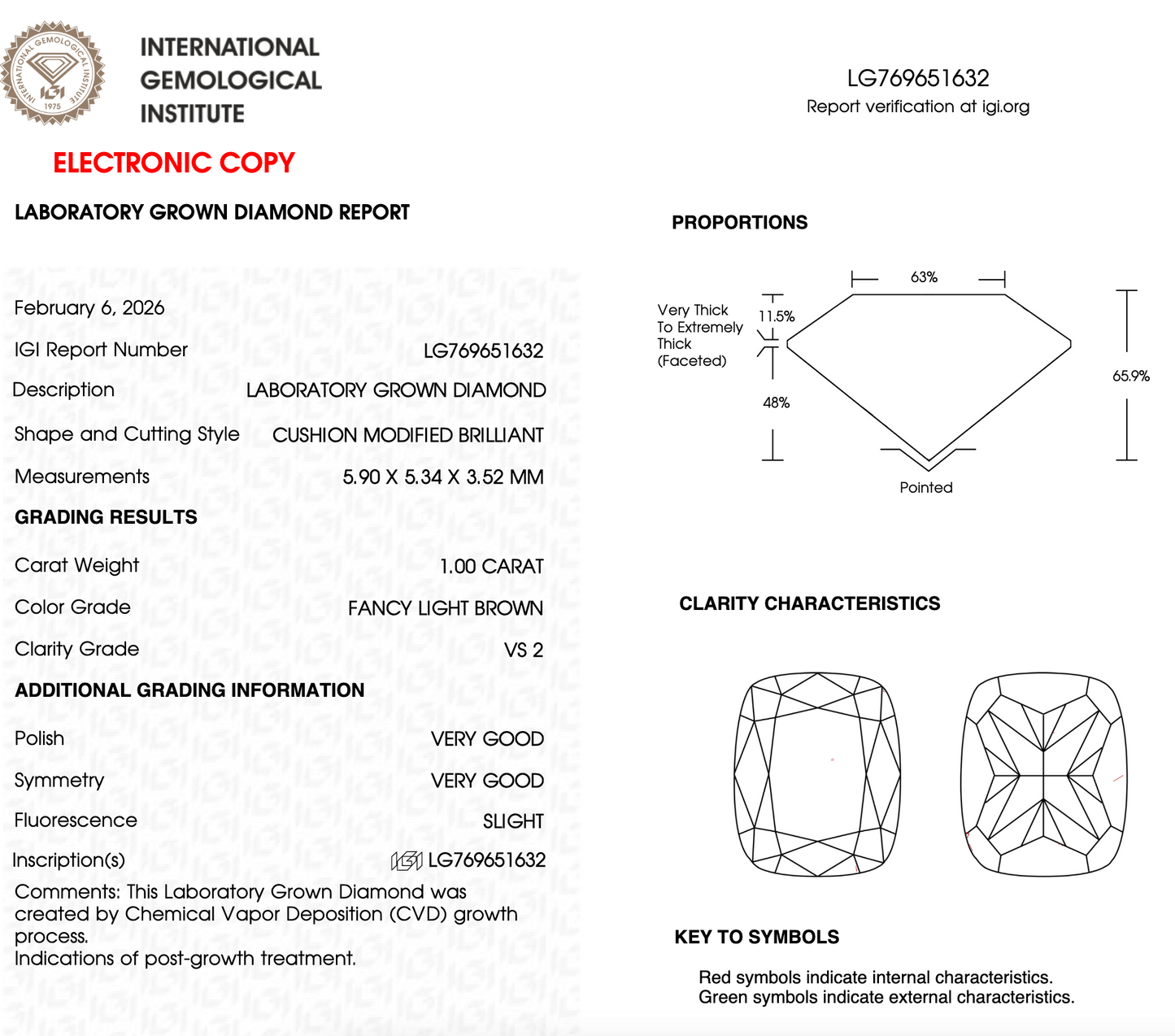 1 CT Brown Cushion Cut Lab Grown Diamond For Engagement Ring