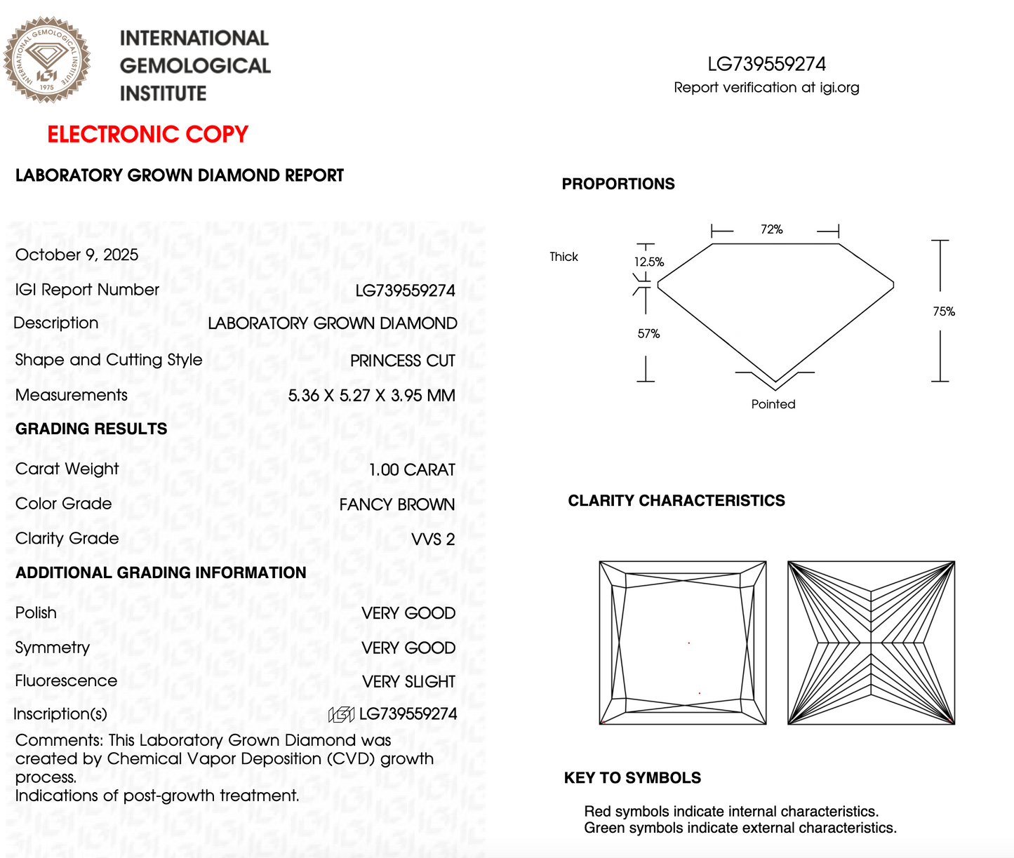 1 CT Brown Princess Cut Lab Grown Diamond For Engagement Ring