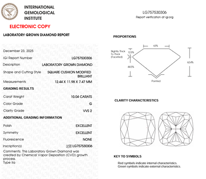 10 CT Cushion Cut Lab Grown Diamond For Solitaire Engagement Ring