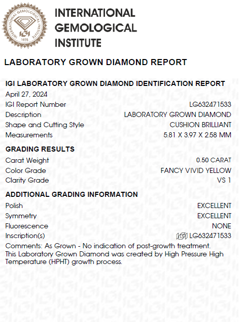 Cushion Cut Vivid Yellow Lab Grown Diamond For Engagement Ring