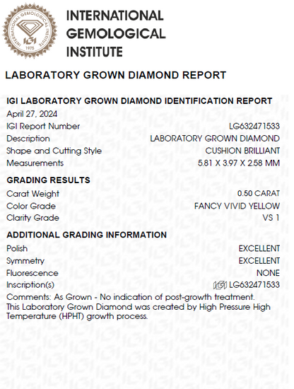 Cushion Cut Vivid Yellow Lab Grown Diamond For Engagement Ring