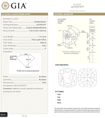 GIA 1 CT Natural Cushion Cut Light Yellow Diamond For Engagement Ring