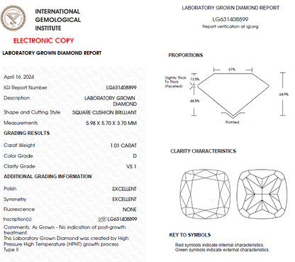 1 CT Cushion Cut Lab Grown Diamond For Engagement Ring