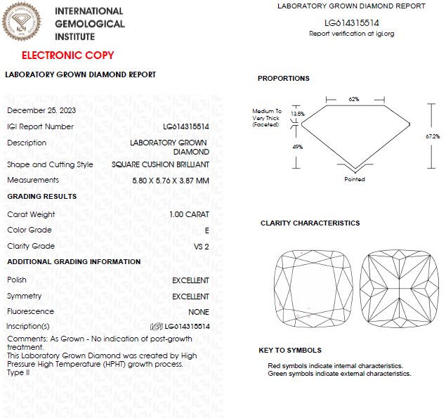 1 CT Cushion Cut Lab Grown Diamond For Engagement Ring