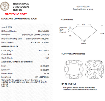 3 CT Cushion Cut Lab Grown Diamond For Engagement Ring