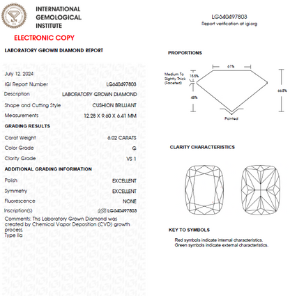 6 CT Cushion Brilliant Cut Lab Grown Diamond For Engagement Ring