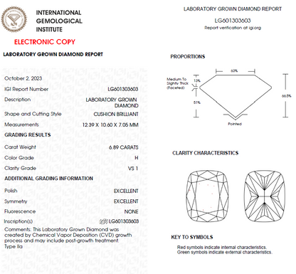 6.50 Cushion Cut Lab Grown Diamond For Engagement Ring