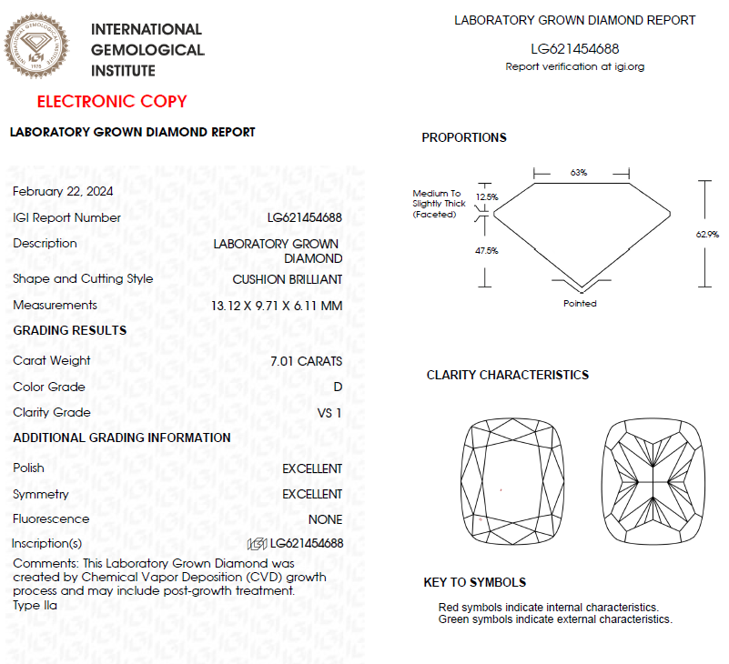 7 CT Cushion Cut Lab Grown Diamond For Engagement Ring