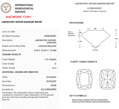 7.50 CT Cushion Brilliant  Cut Lab Grown Diamond For Engagement Ring