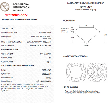 8 CT Cushion Cut Lab Grown Diamond For Engagement Ring