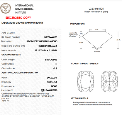 5 CT Cushion Cut Lab Grown Diamond For Engagement Ring