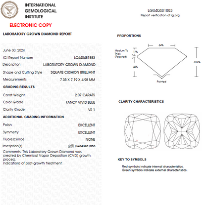 2 CT Cushion Cut Vivid Blue Lab Grown Diamond For Engagement Ring