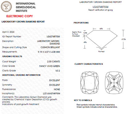 2 CT Cushion Cut Vivid Green Lab Grown Diamond For Engagement Ring