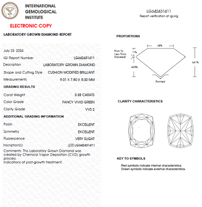 3 CT Cushion Cut Vivid Green Lab Grown Diamond For Engagement Ring