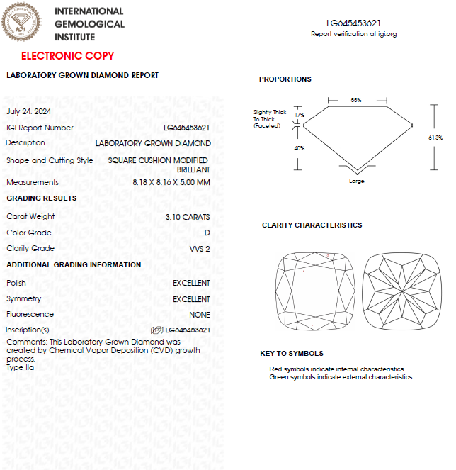 3 Carat Cushion Modified Cut Lab Grown Diamond For Engagement Ring