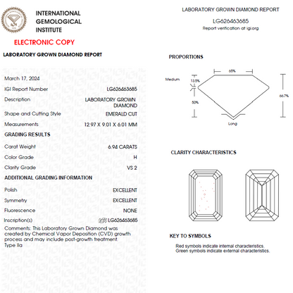 6.50 CT Emerald Cut Lab Grown Diamond For Engagement Ring