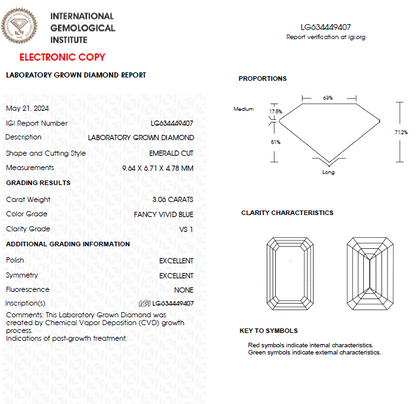 3 CT Emerald Cut Vivid Blue Lab Grown Diamond For Engagement Ring