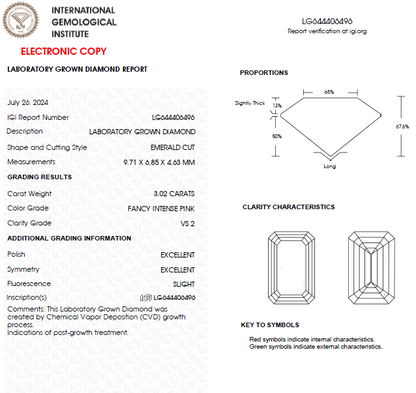 3 CT Emerald Cut Intense Pink Lab Grown Diamond For Engagement Ring
