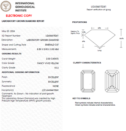 2 CT Emerald Cut Vivid Yellow Lab Grown Diamond For Engagement Ring