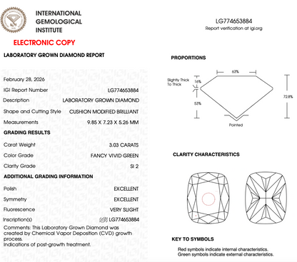3 CT Green Cushion Cut Lab Grown Diamond For Engagement Ring