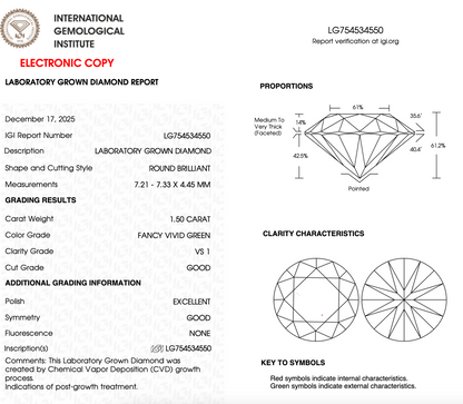 1.50 CT Green Round Lab Grown Diamond For Engagement Ring