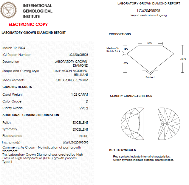 1 CT Half Moon Cut Lab Grown Diamond For Engagement Ring