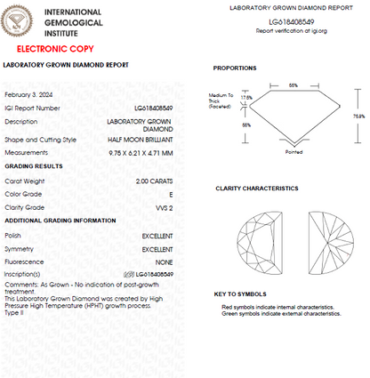 2 Carat Half Moon Shape Lab Grown Diamond For Engagement Ring