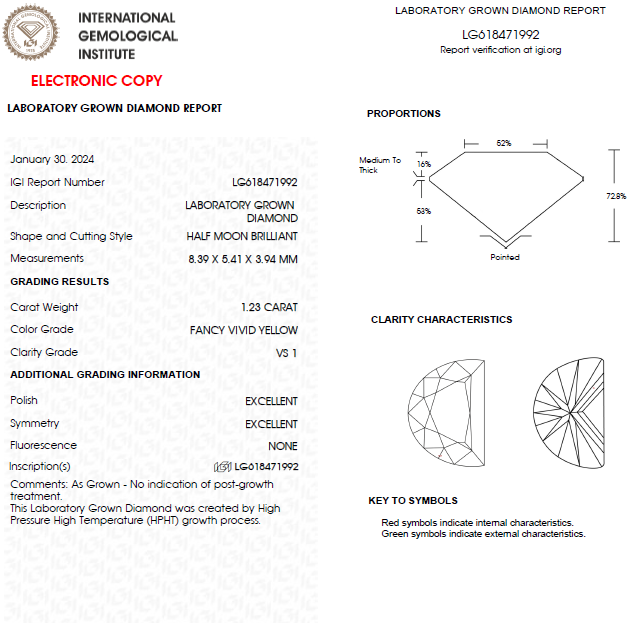1 CT Half Moon Cut Vivid Yellow Lab Grown Diamond For Engagement Ring