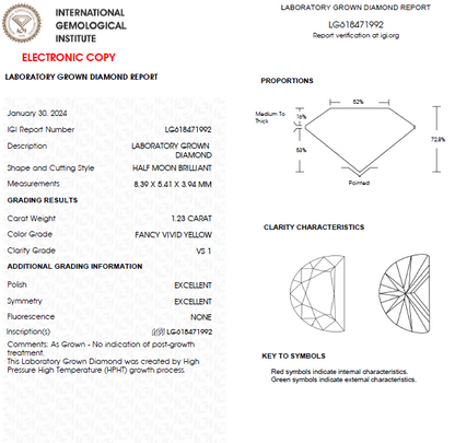 1 CT Half Moon Cut Vivid Yellow Lab Grown Diamond For Engagement Ring