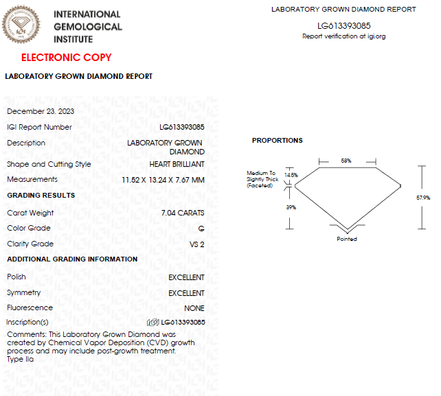 7 CT Heart Shape Lab Grown Diamond For Engagement Ring