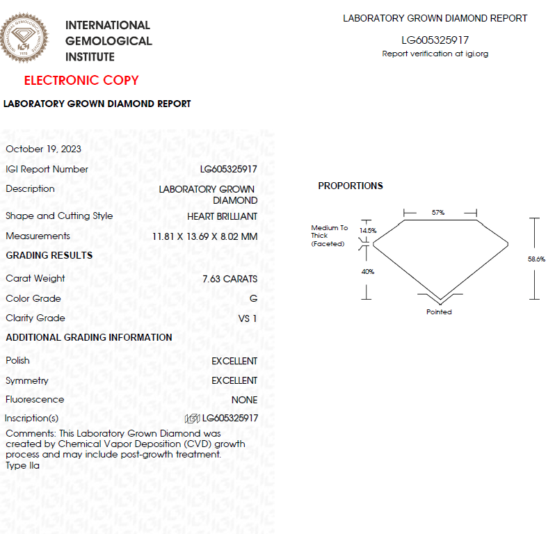 7.50 CT Heart Shape Lab Grown Diamond For Engagement Ring