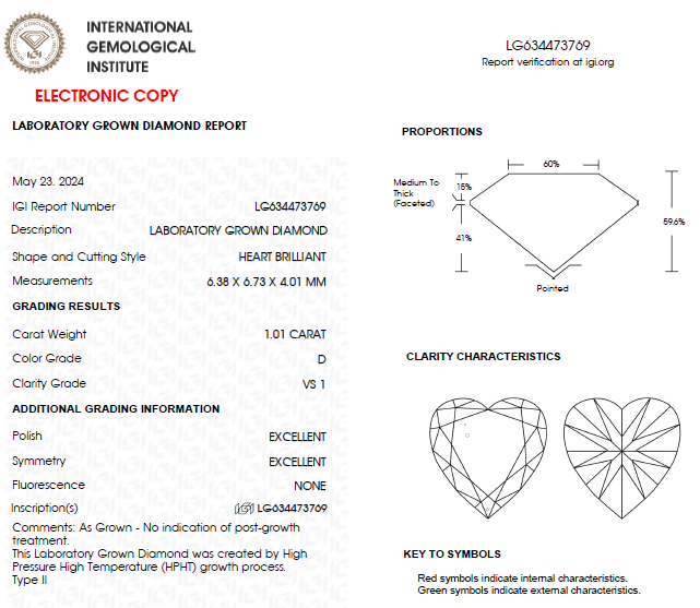 1 CT Heart Cut Lab Grown Diamond For Engagement Ring