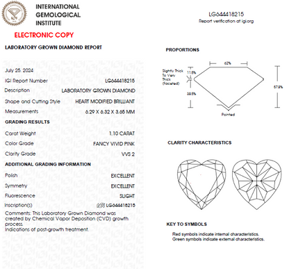 1 CT Heart Cut Vivid Pink Lab Grown Diamond For Engagement  Ring