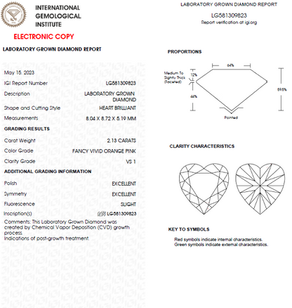 2 CT Heart Vivid Orange Pink Lab Grown Diamond For Engagement  Ring