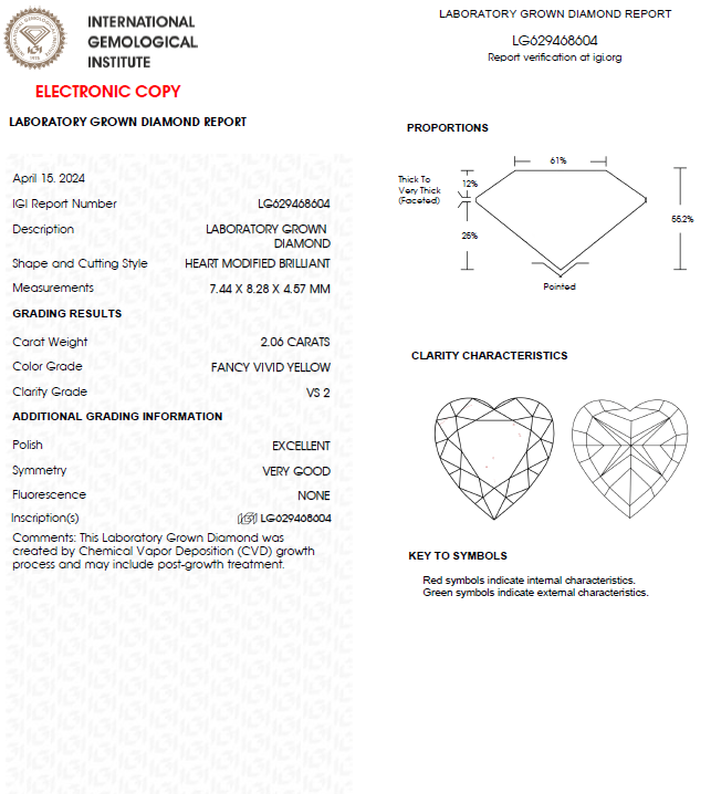 2 CT Heart Cut Vivid Yellow Lab Grown Diamond For Engagement Ring