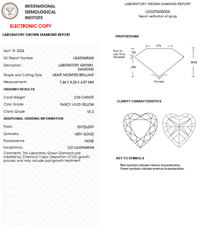 2 CT Heart Cut Vivid Yellow Lab Grown Diamond For Engagement Ring