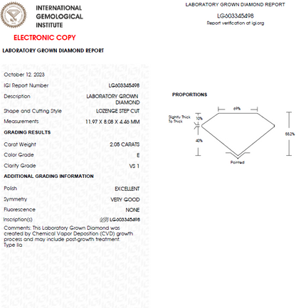 2 Carat Lozenge Step Cut Lab Grown Diamond For Engagement Ring