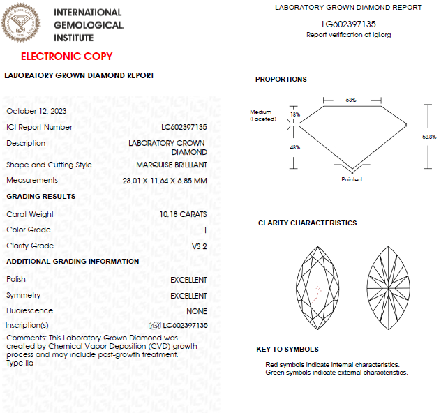 10 Carat Marquise Lab grown Diamond For Engagement Ring