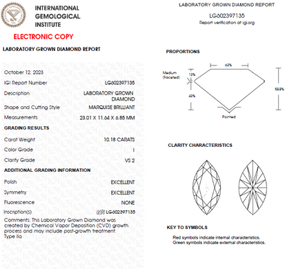 10 Carat Marquise Lab grown Diamond For Engagement Ring