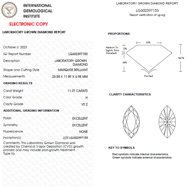 11 Carat Marquise Lab grown Diamond For Engagement Ring