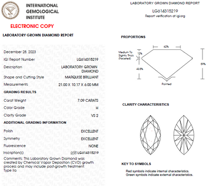 7 CT Marquise Lab Grown Diamond For Engagement Ring