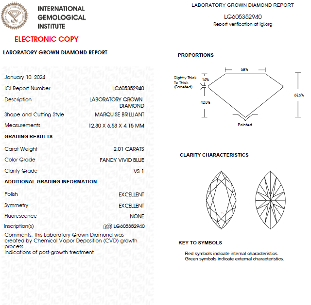 2 CT Marquise Vivid Blue Lab Grown Diamond For Engagement Ring