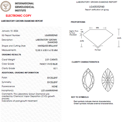 2 CT Marquise Vivid Blue Lab Grown Diamond For Engagement Ring