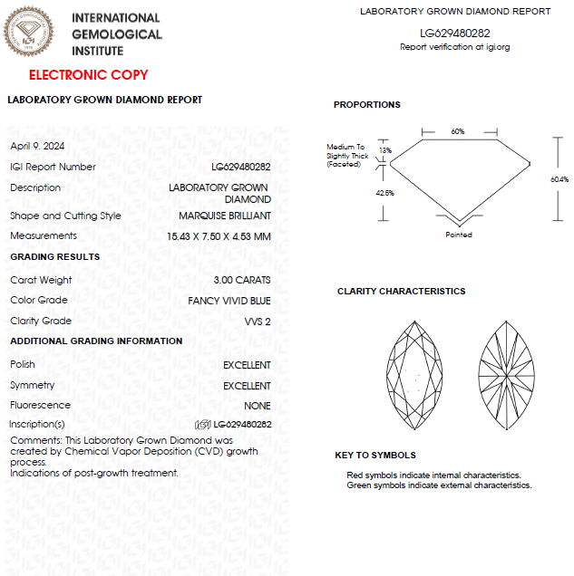 3 CT Marquise Vivid Blue Lab Grown Diamond For Engagement Ring