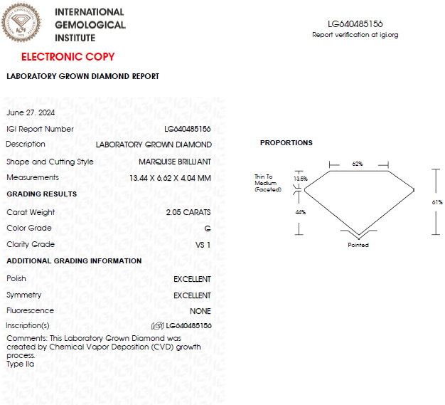 2 CT Marquise Lab grown Diamond For Engagement Ring